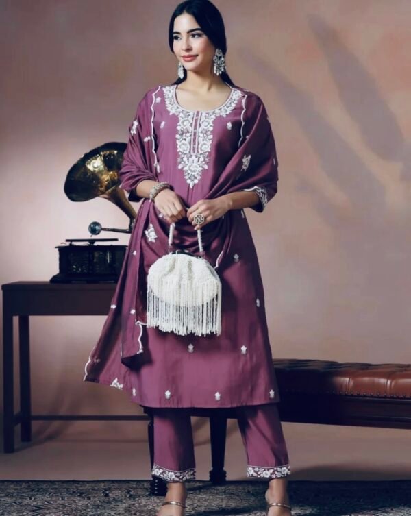 Royal Plum Silk Blend Floral Embroidered Suit Set
