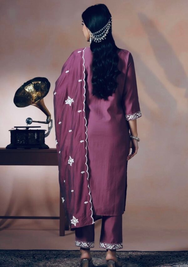 Royal Plum Silk Blend Floral Embroidered Suit Set