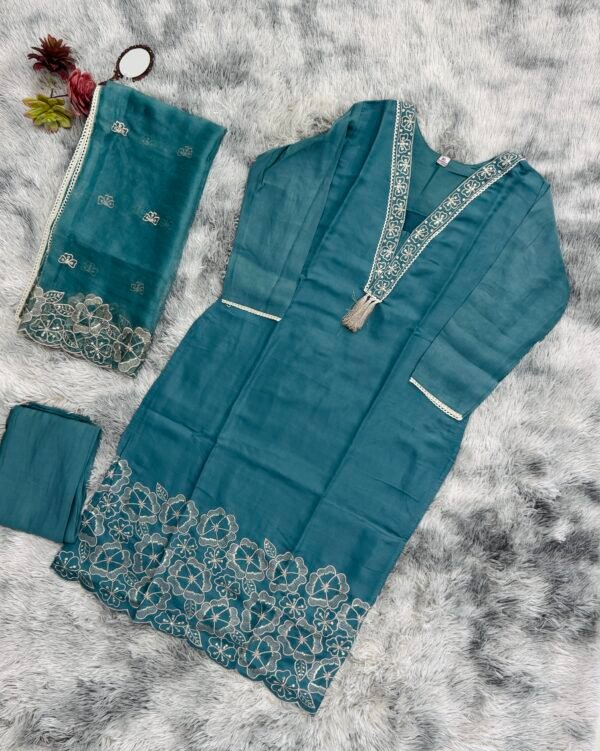 Dusty Teal Embroidered 3-Piece Suit Set