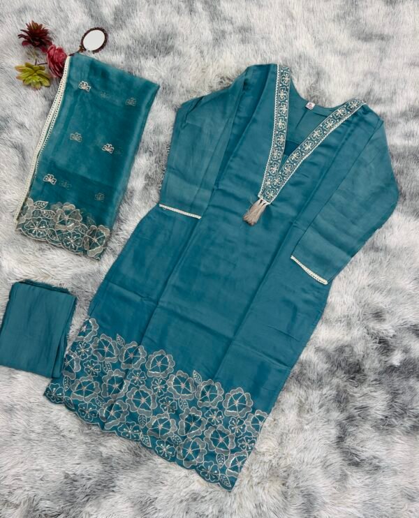 Dusty Teal Embroidered 3-Piece Suit Set