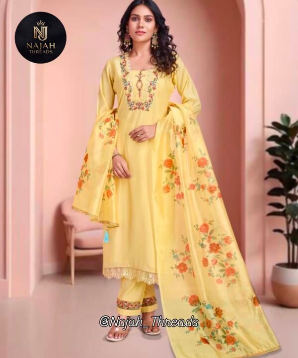 WhatsApp Image 2026-07-30 at 2.56.33 PM (1) Sunshine Yellow Floral Printed & Embroidered 3-Piece Suit Set