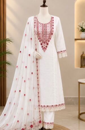 Ivory Floral Threadwork & Organza 3-Piece Suit Set