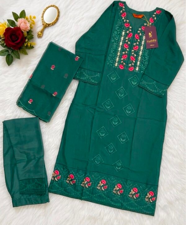 Emerald Flora Embroidered 3-Piece Suit Set