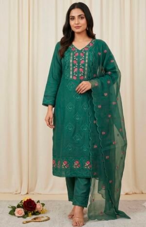 Emerald Flora Embroidered 3-Piece Suit Set
