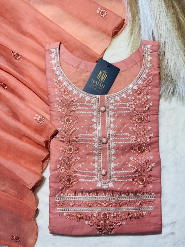 Dusty Peach Embroidered Chanderi 3-Piece Suit Set