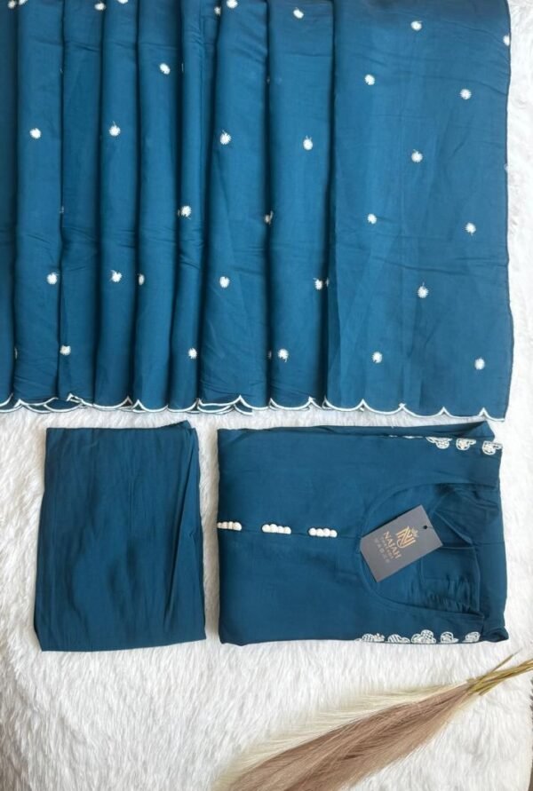 Teal Blue Scalloped Embroidered 3-Piece Suit Set