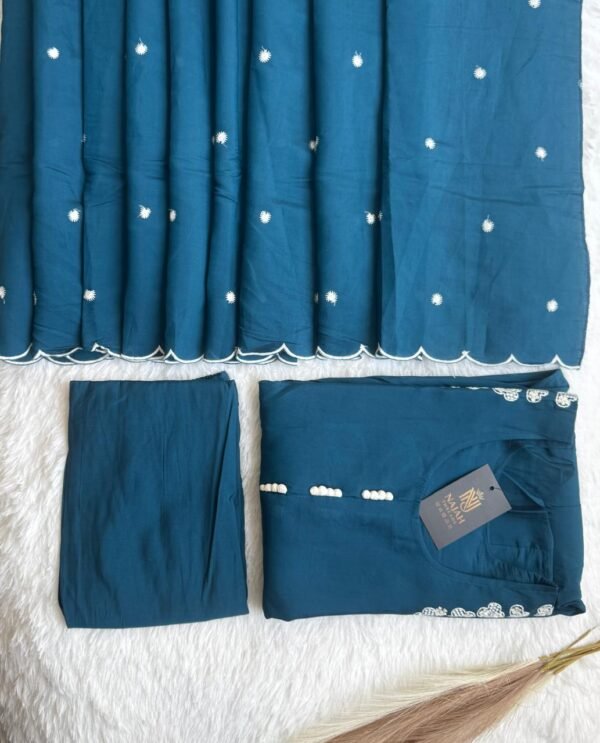 Teal Blue Scalloped Embroidered 3-Piece Suit Set