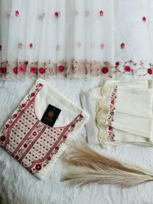 Ivory Floral Threadwork & Organza 3-Piece Suit Set