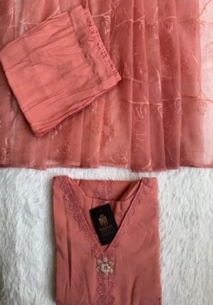Coral Pink Lace Yoke & Organza 3-Piece Suit Set