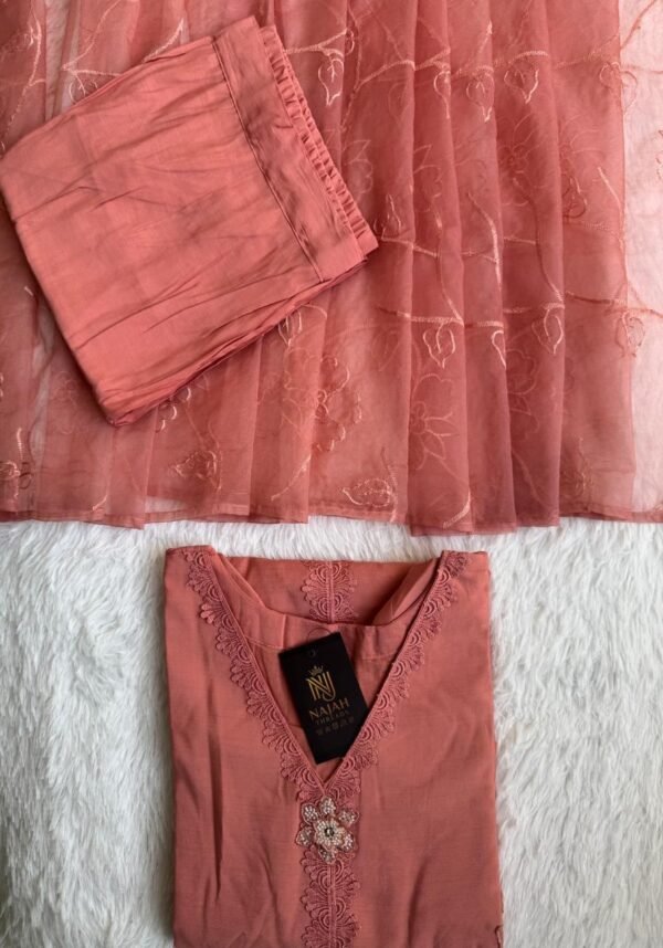 Coral Pink Lace Yoke & Organza 3-Piece Suit Set