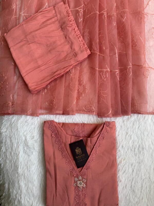 Coral Pink Lace Yoke & Organza 3-Piece Suit Set