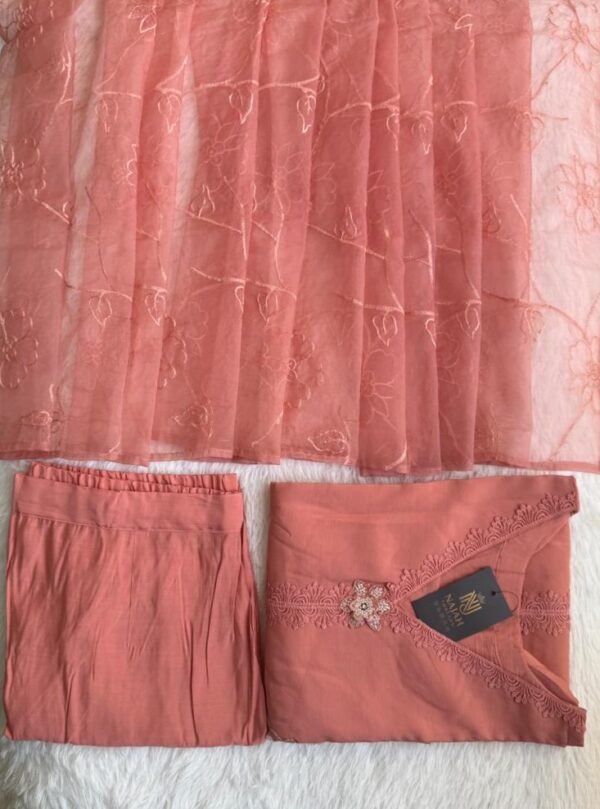 Coral Pink Lace Yoke & Organza 3-Piece Suit Set