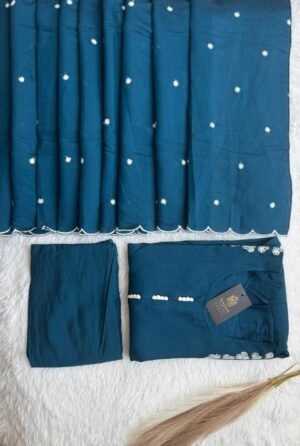 Teal Blue Scalloped Embroidered 3-Piece Suit Set