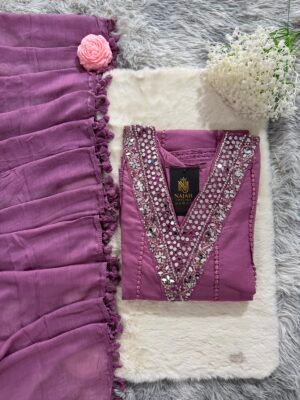 Mauve Mirror Work Anarkali 3-Piece Suit Set