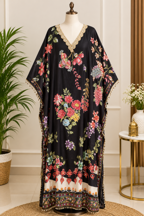 Printed Silk-Blend Free Size Kaftan Set with Embellished Neckline