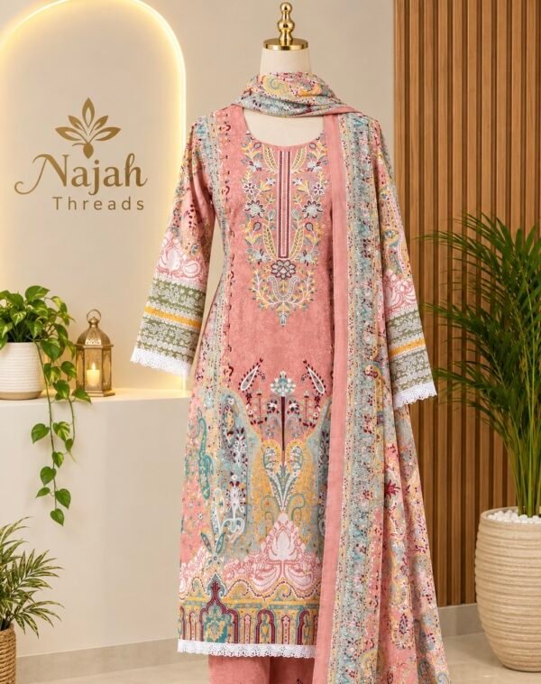 0FC75E1A-8FB6-4529-ADBC-7FA6130712D8 Dusty Rose Floral & Lace Embroidered 3-Piece Pakistani Readymade Suit Set