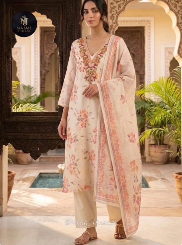 Floral Printed 3-Piece Kurti Set with Embellished Neckline