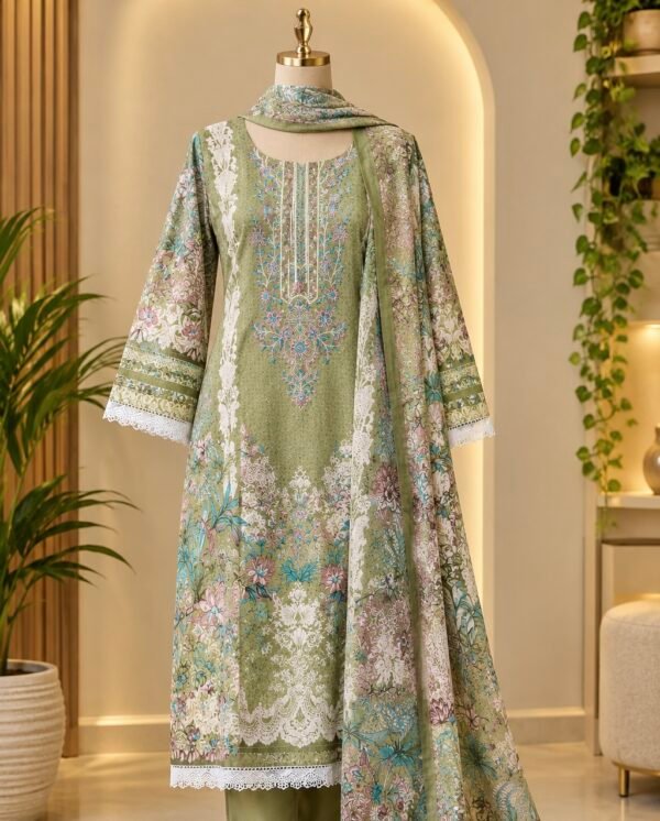 1B4774CE-32E5-4280-9E93-B192B84C5702 Olive Botanical Embroidered 3-Piece Pakistani Readymade Suit Set