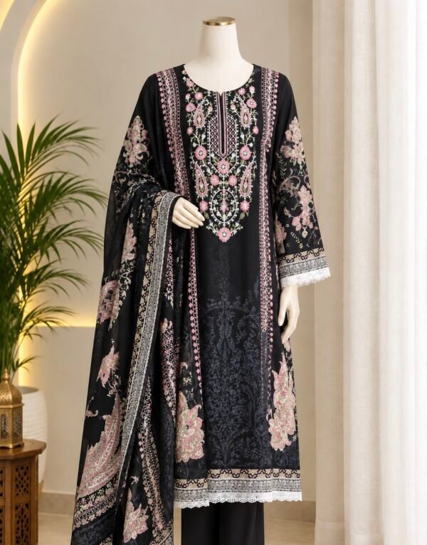 31D93E52-9363-4CF3-88E6-2E737CAE3845 Black Embroidered 3-Piece Pakistani Readymade Set