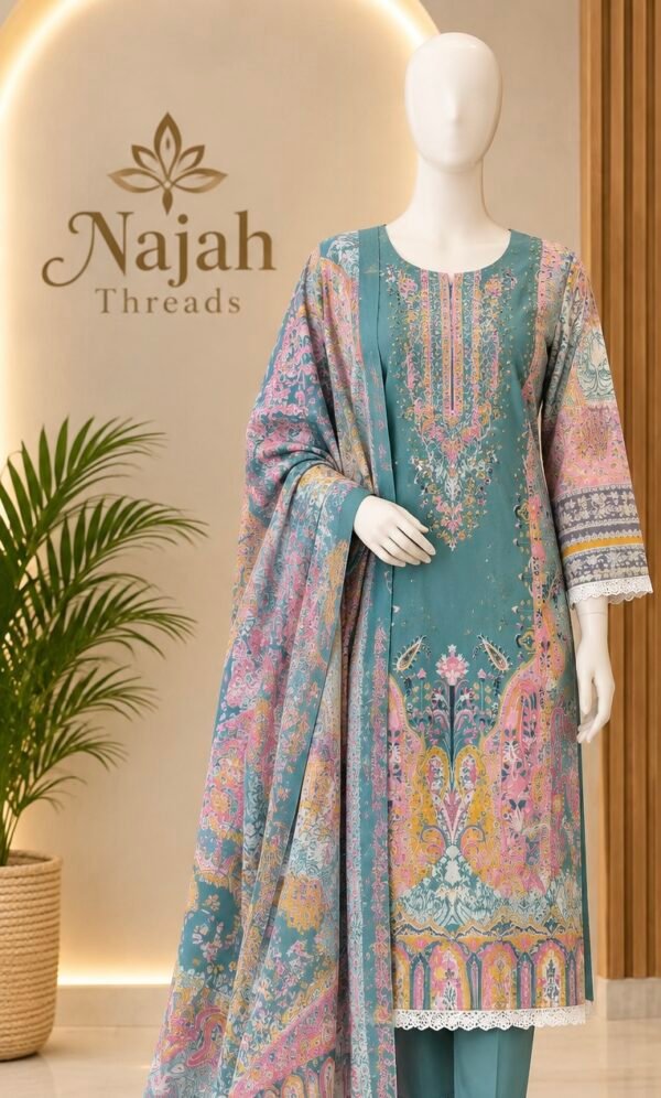 Teal Paisley & Floral Embroidered 3-Piece Pakistani Readymade Suit Set