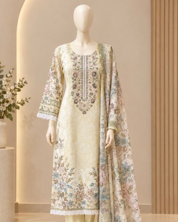 46C4474E-977D-457B-A4B0-637390AD5B56 Ivory Floral Printed with Embroidered 3-Piece Kurta Pakistani Readymade Set