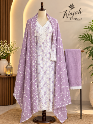 Lavender Floral Embroidered Chikankari Kurta Set with Scalloped Dupatta