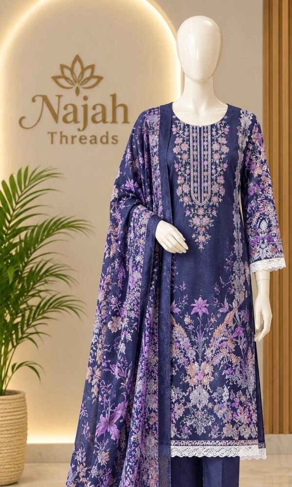 89301054-E86A-4506-B466-C6AA82333C94 Navy Blue Floral & Lace Embroidered 3-Piece Pakistani Readymade Suit Set