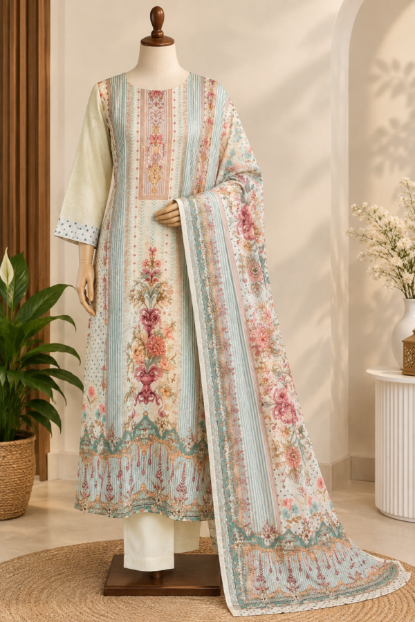 A4417C91-B315-4AC2-AE06-41CEEB38F060 Pure Cotton Printed & Embroidered Kurti Set with Palazzo & Dupatta