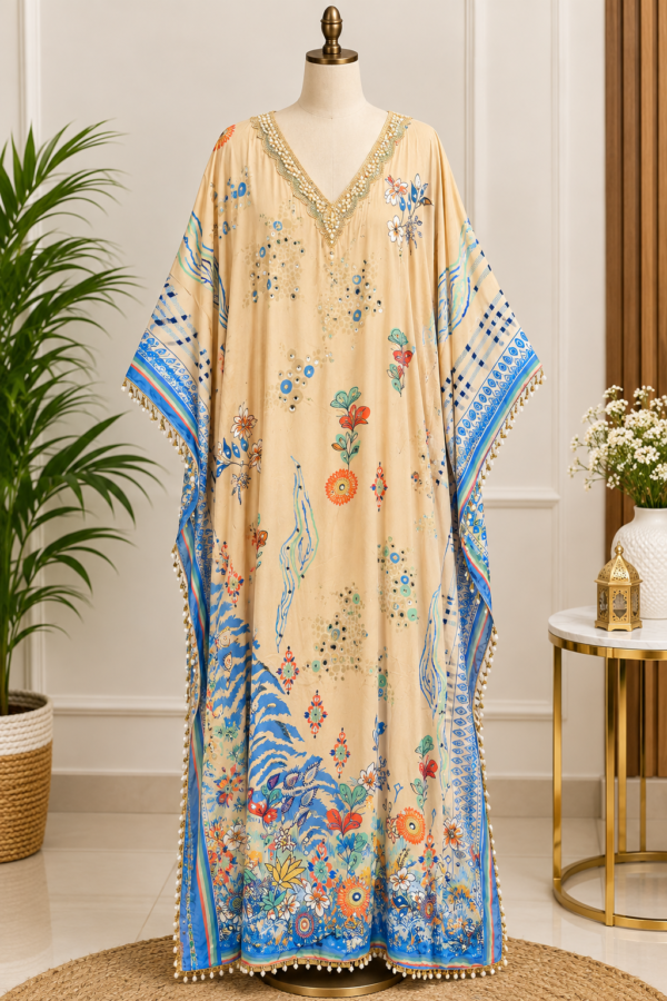 Printed Silk-Blend Free Size Kaftan Set with Embellished Neckline