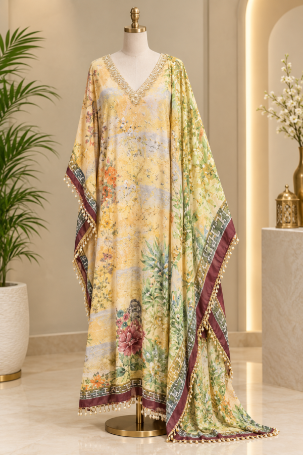 Printed Silk-Blend Free Size Kaftan Set with Embellished Neckline