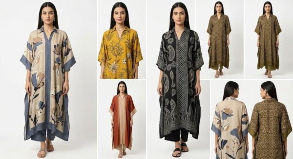 Printed Silk-Blend Free Size Kaftan Set with Embellished Neckline