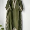 Olive Green Embroidered Roman Silk  Kurta Set with Sheer Scalloped Dupatta