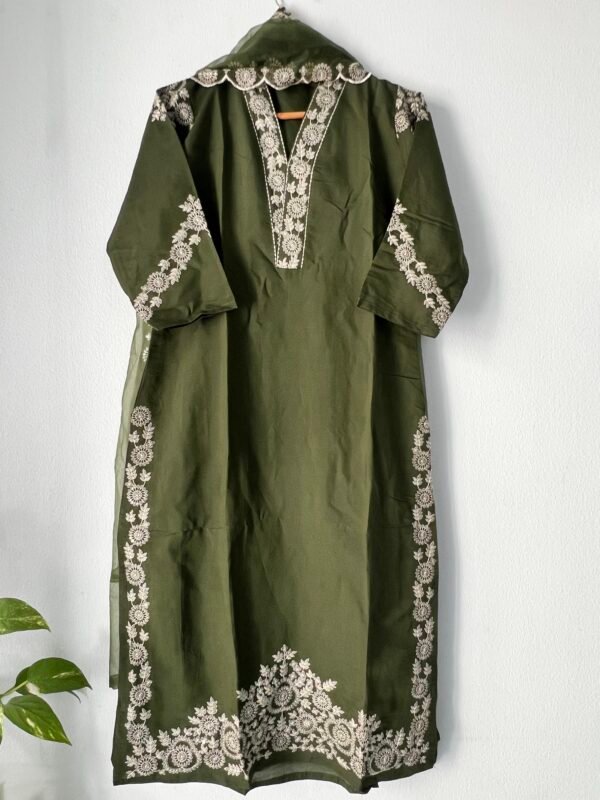 Olive Green Embroidered Roman Silk  Kurta Set with Sheer Scalloped Dupatta