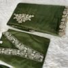 Olive Green Embroidered Roman Silk  Kurta Set with Sheer Scalloped Dupatta