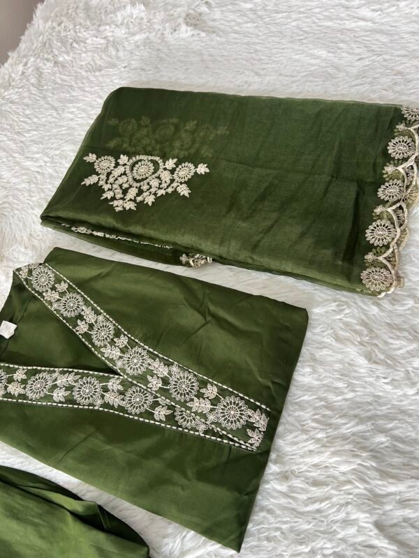 Olive Green Embroidered Roman Silk  Kurta Set with Sheer Scalloped Dupatta