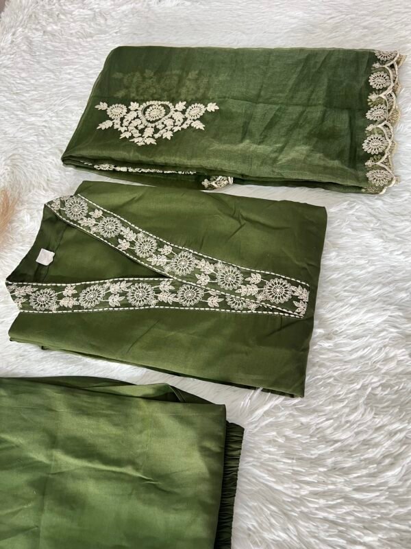 Olive Green Embroidered Roman Silk  Kurta Set with Sheer Scalloped Dupatta