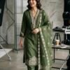 Olive Green Embroidered Roman Silk  Kurta Set with Sheer Scalloped Dupatta