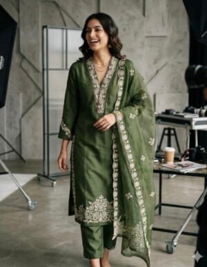 Screenshot Olive Green Embroidered Roman Silk Kurta Set with Sheer Scalloped Dupatta