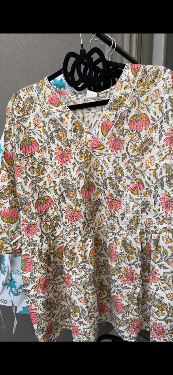 Elegant Floral Print Block-Style Cotton Short Kurti / Tunic Top