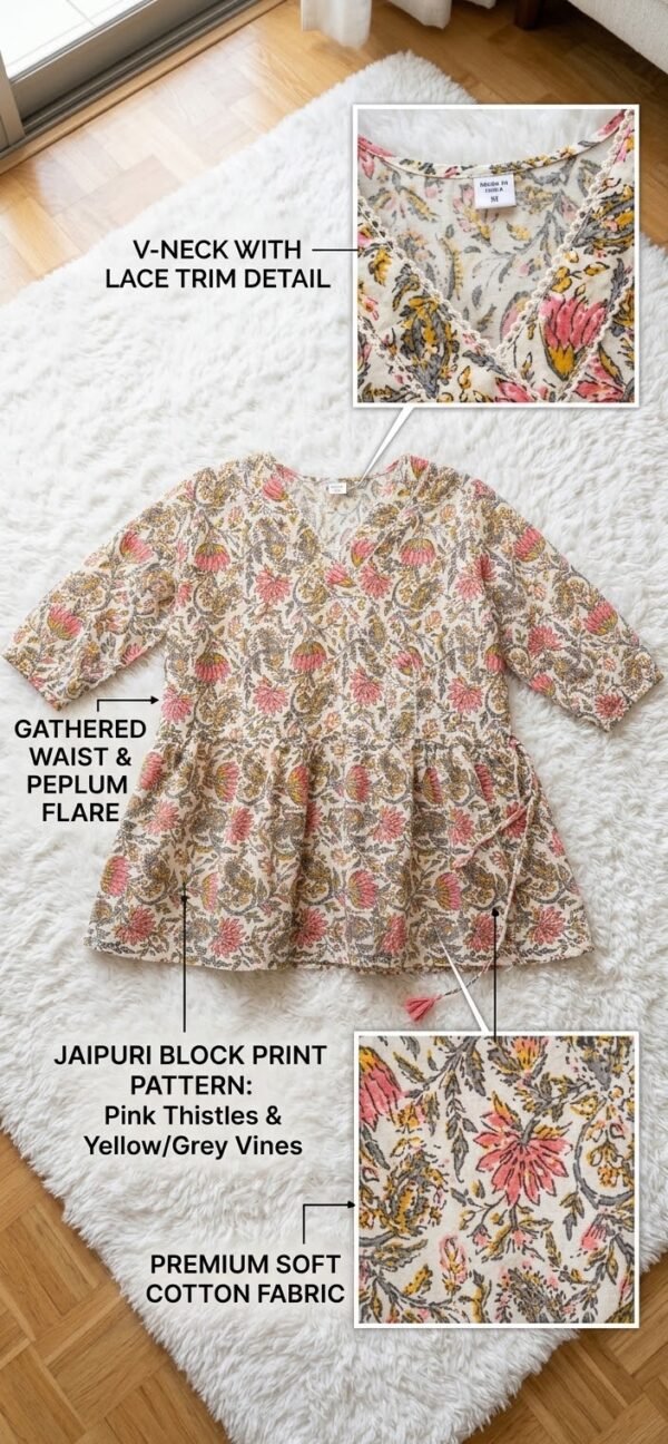 Elegant Floral Print Block-Style Cotton Short Kurti / Tunic Top