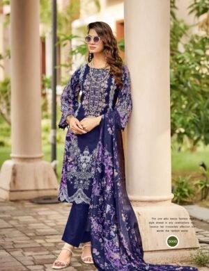 Navy Blue Floral & Lace Embroidered 3-Piece Pakistani Readymade Suit Set
