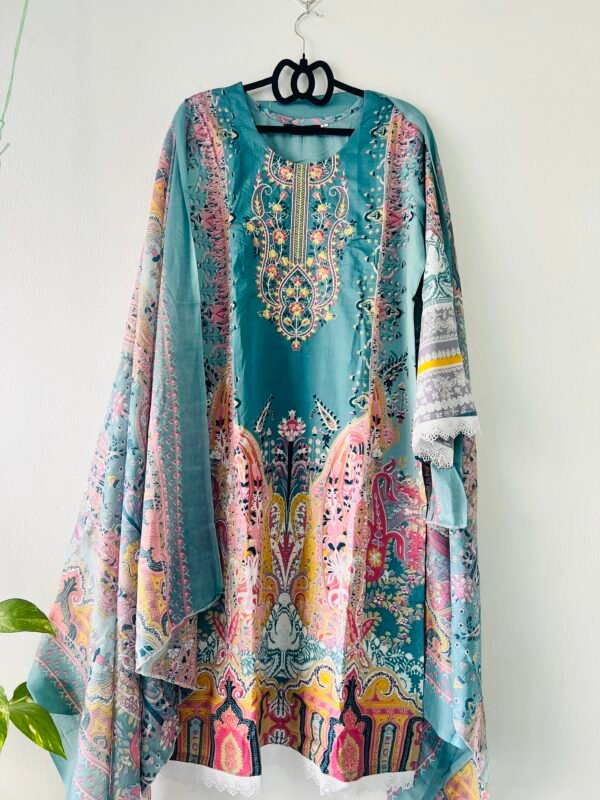 Teal Paisley & Floral Embroidered 3-Piece Pakistani Readymade Suit Set