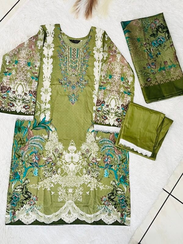IMG_0225 Olive Botanical Embroidered 3-Piece Pakistani Readymade Suit Set