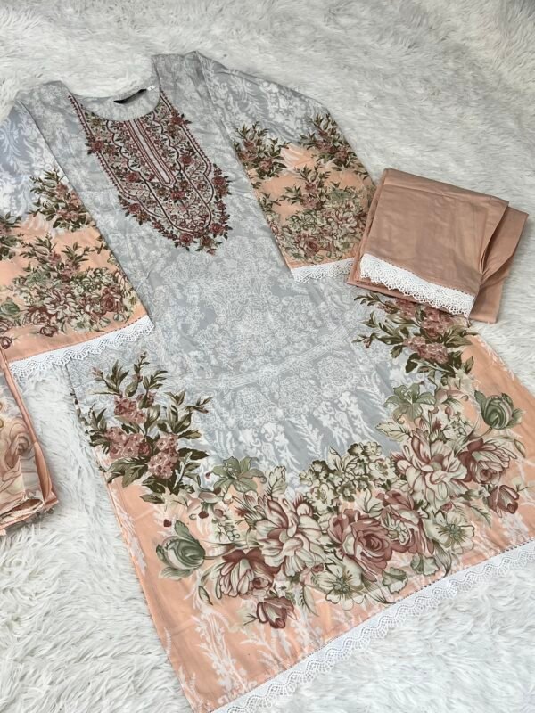 Grey & Peach Floral Printed with Embroidery 3-Piece Pakistani Readymade Se