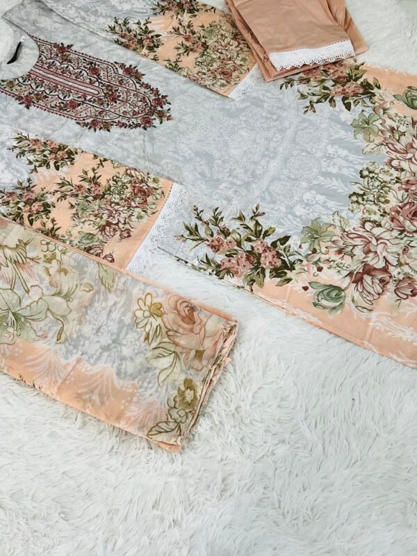Grey & Peach Floral Printed with Embroidery 3-Piece Pakistani Readymade Se