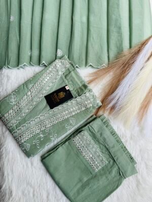 Elegant Sage Green Embroidered Kurta Set with Scalloped D