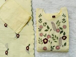 Pastel Yellow Floral Embroidered Anarkali Suit Set with Cutwork Scalloped Dupatta