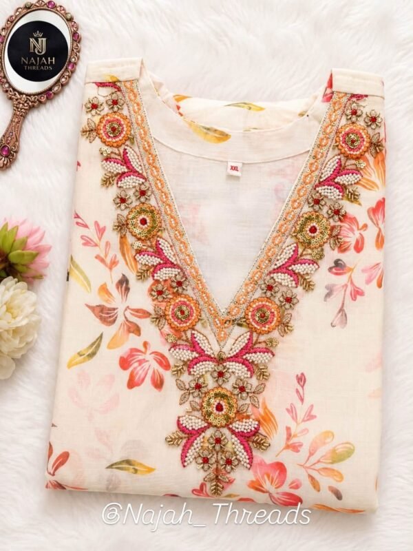 Floral Printed 3-Piece Kurti Set with Embellished Neckline