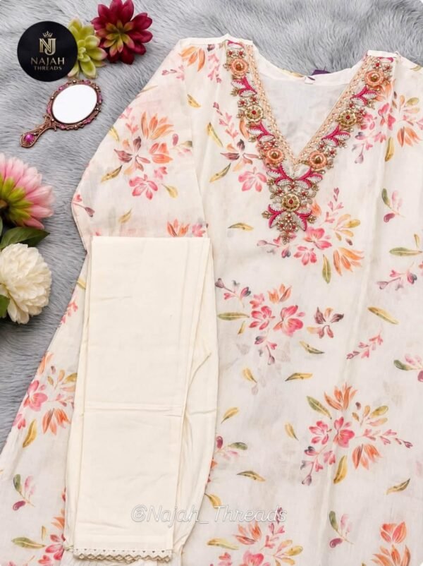 Floral Printed 3-Piece Kurti Set with Embellished Neckline