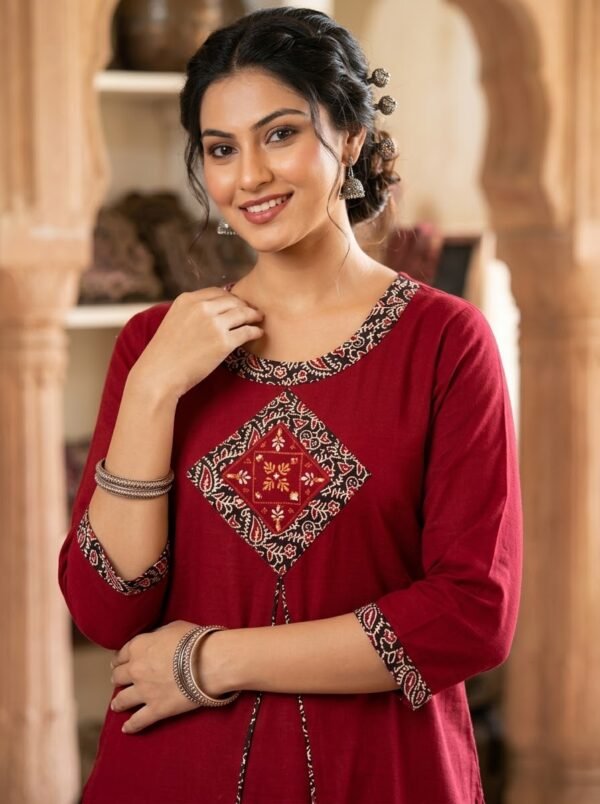Maroon Diamond Embroidered Straight Kurta & Wide-Leg Palazzo Set